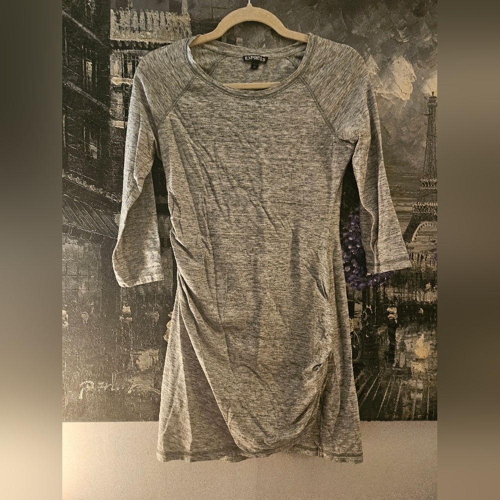 Express Grey Mini T-shirt Dress with Tulip Hem & 3/4 Sleeves